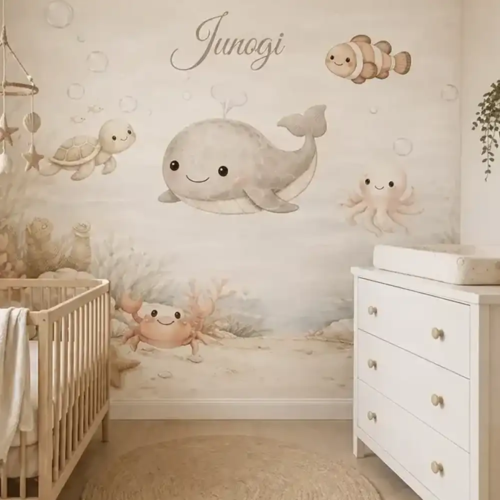 Behang met naam voor de babykamer in Junogi-thema, jouwkinderkamer.nl