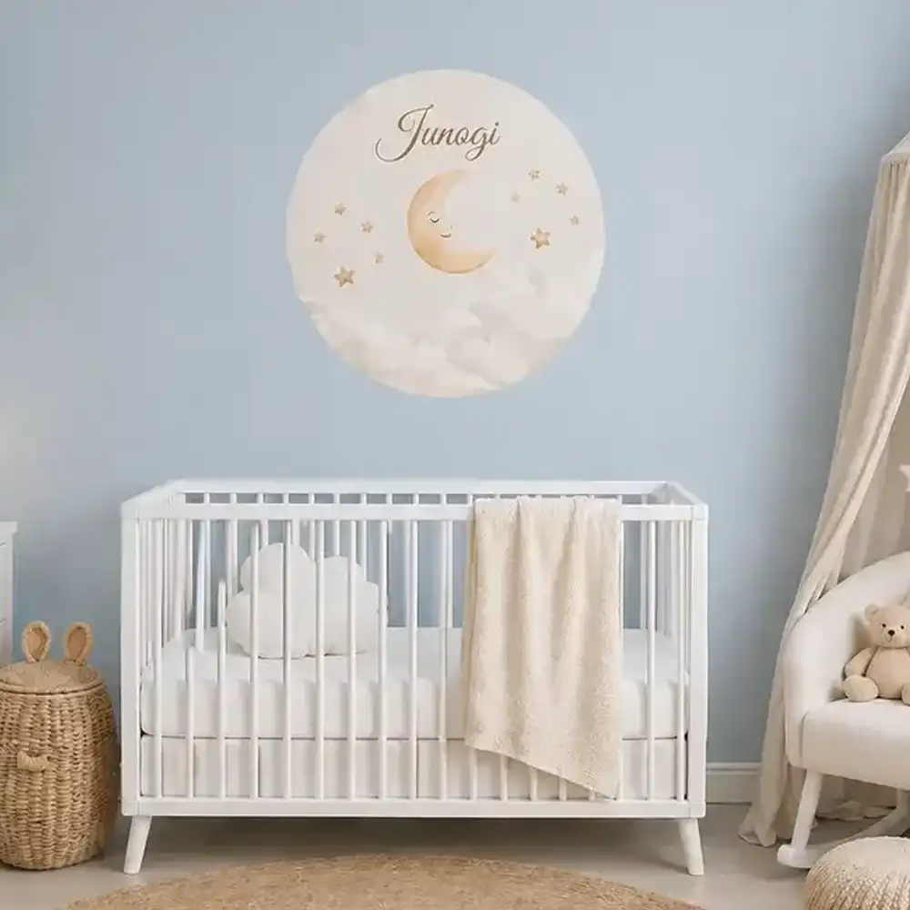 Behangcirkel met naam, Ø80 cm, boven babybedje, jouwkinderkamer.nl