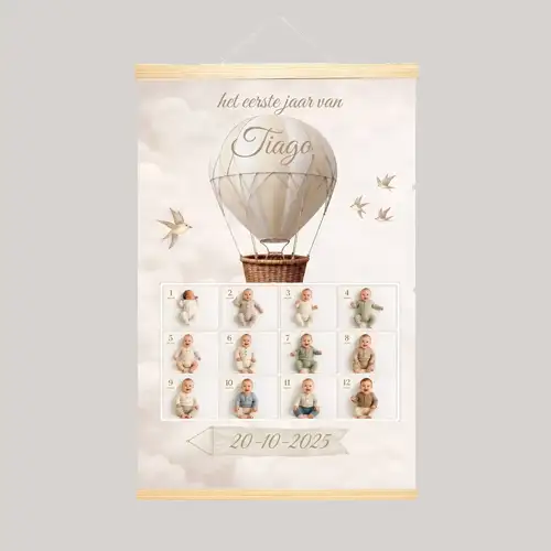 Eerste Jaar Poster Balloon Dreams Beige-thema met naam en 12 foto's
