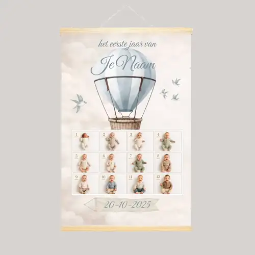 Eerste Jaar Poster Balloon Dreams Blauw-thema met naam en 12 foto's