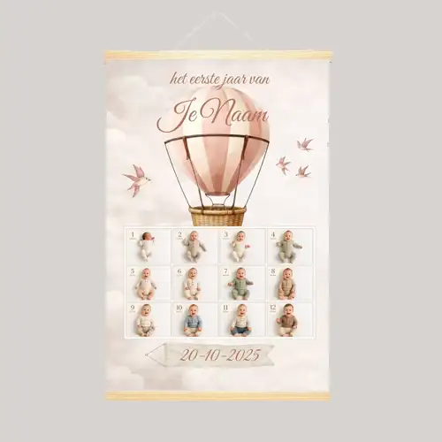 Eerste Jaar Poster Balloon Dreams Roze-thema met naam en 12 foto's