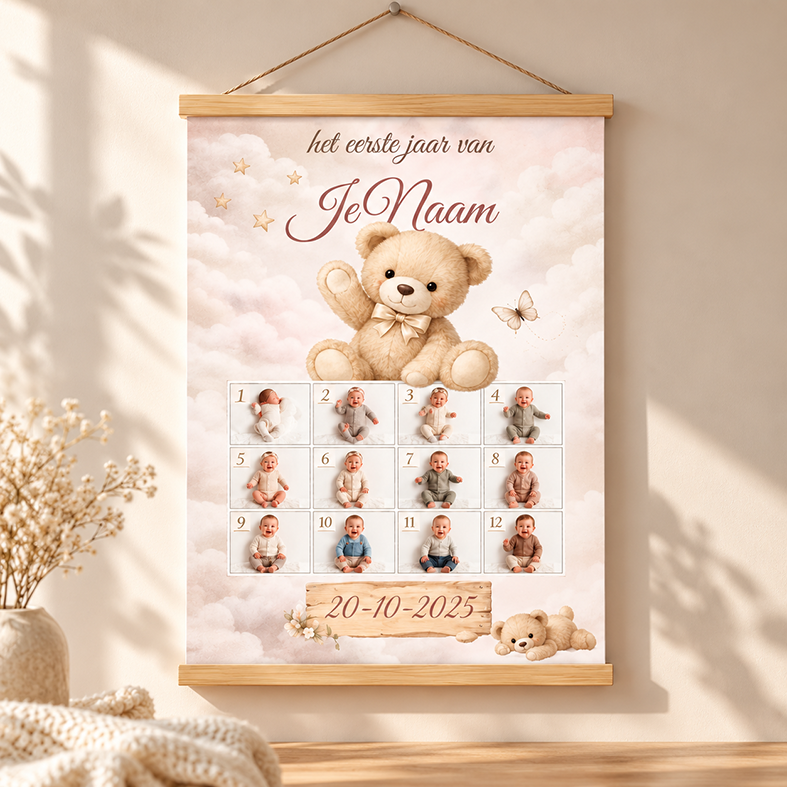 Eerste jaar poster met 12 foto's en naam, jouwkinderkamer.nl