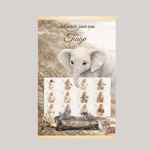 Eerste Jaar Poster Jungle-thema met naam en 12 foto's