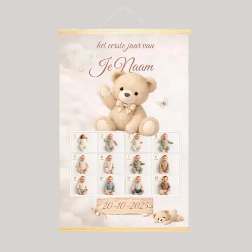 Eerste Jaar Poster Teddy Dreams-thema met naam en 12 foto's