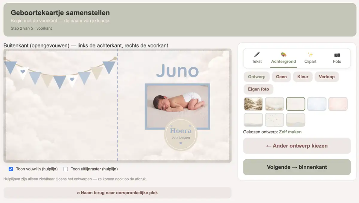 Geboortekaartje helemaal zelf ontwerpen met eigen achtergrond, clipart en foto