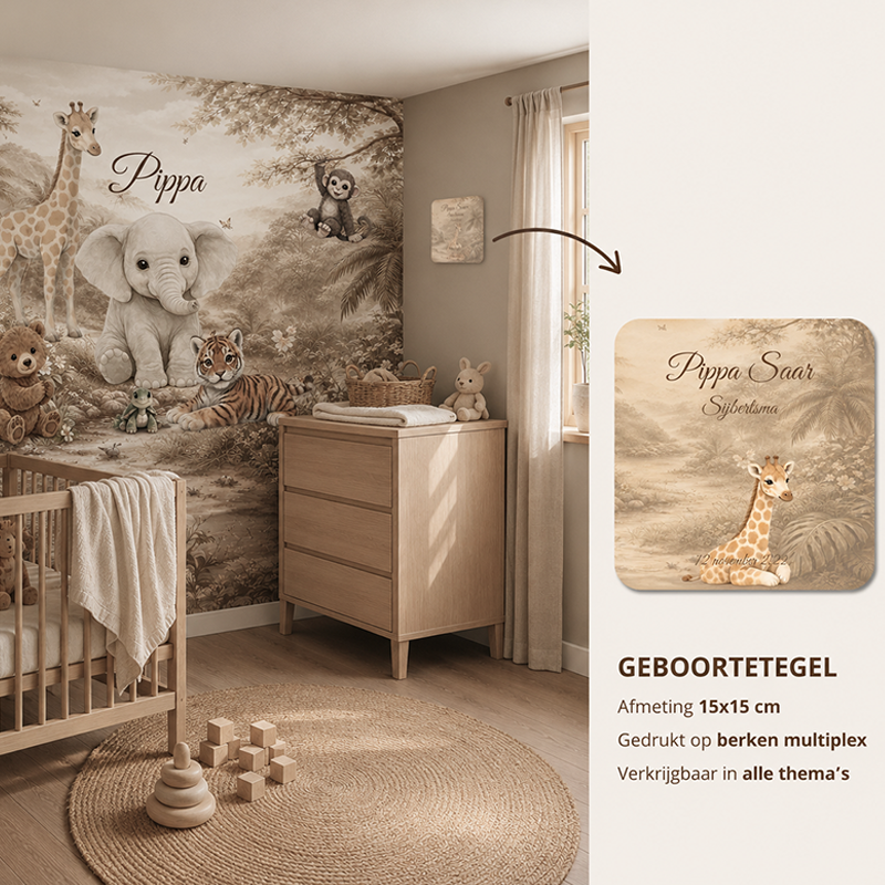 Houten geboortetegel met naam, 15x15 cm, jouwkinderkamer.nl