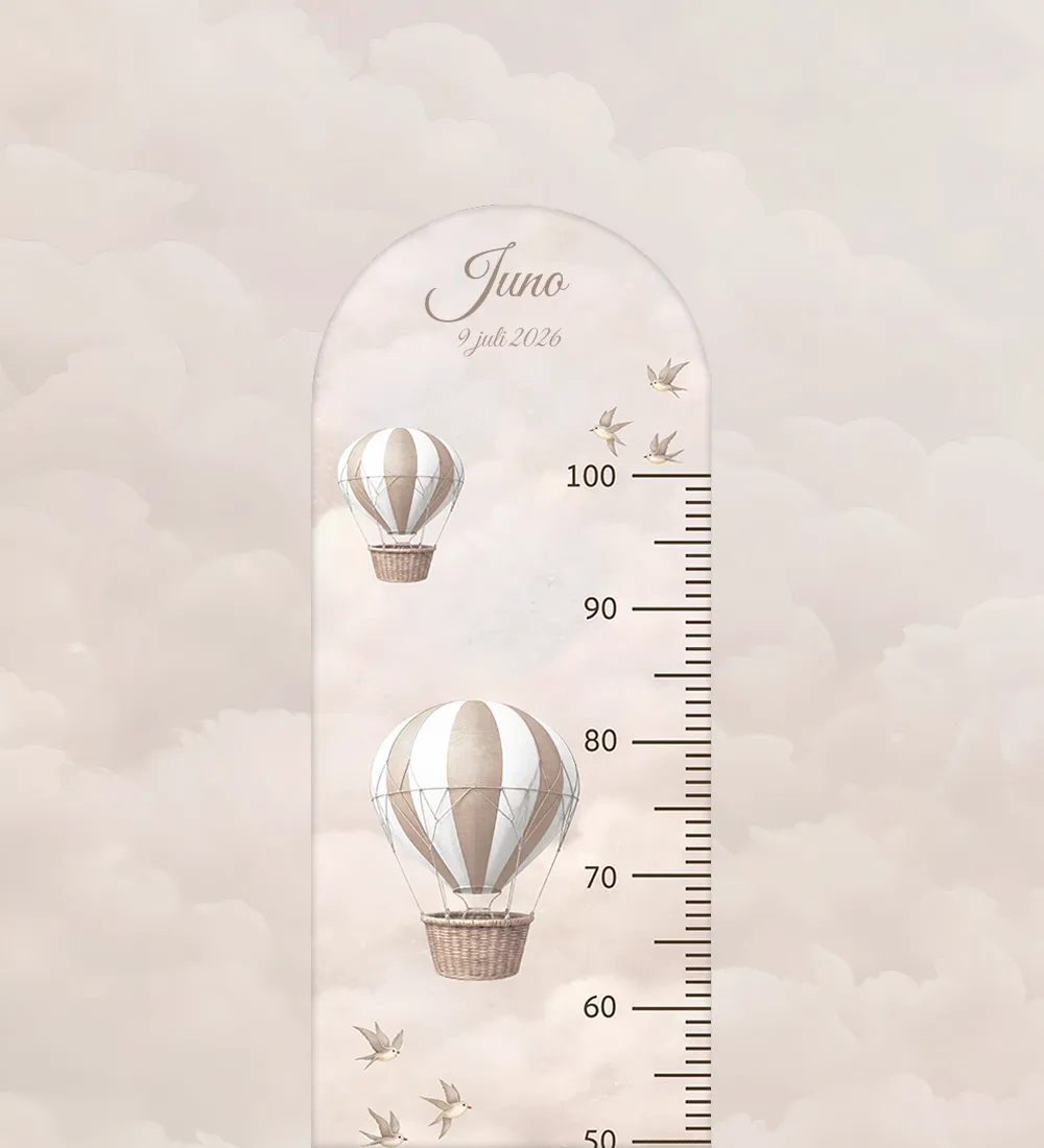Groeimeter Balloon Dreams Beige-thema met naam, 30x100 cm