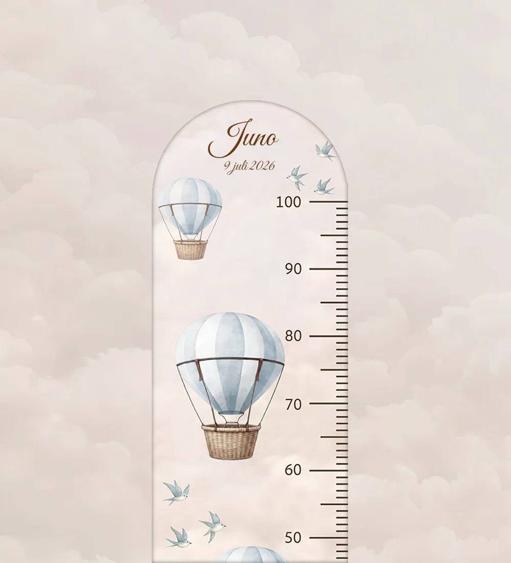 Groeimeter Balloon Dreams Blauw-thema met naam, 30x100 cm