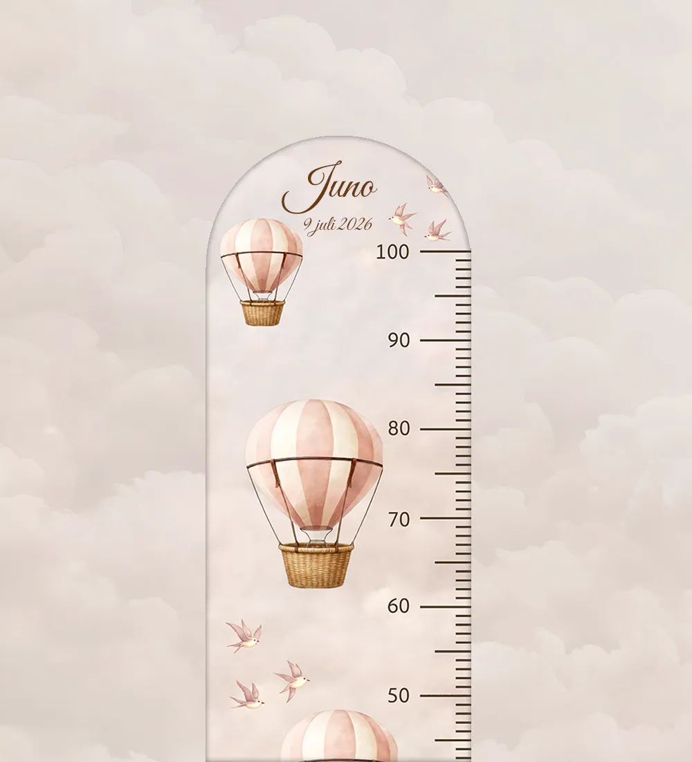 Groeimeter Balloon Dreams Roze-thema met naam, 30x100 cm