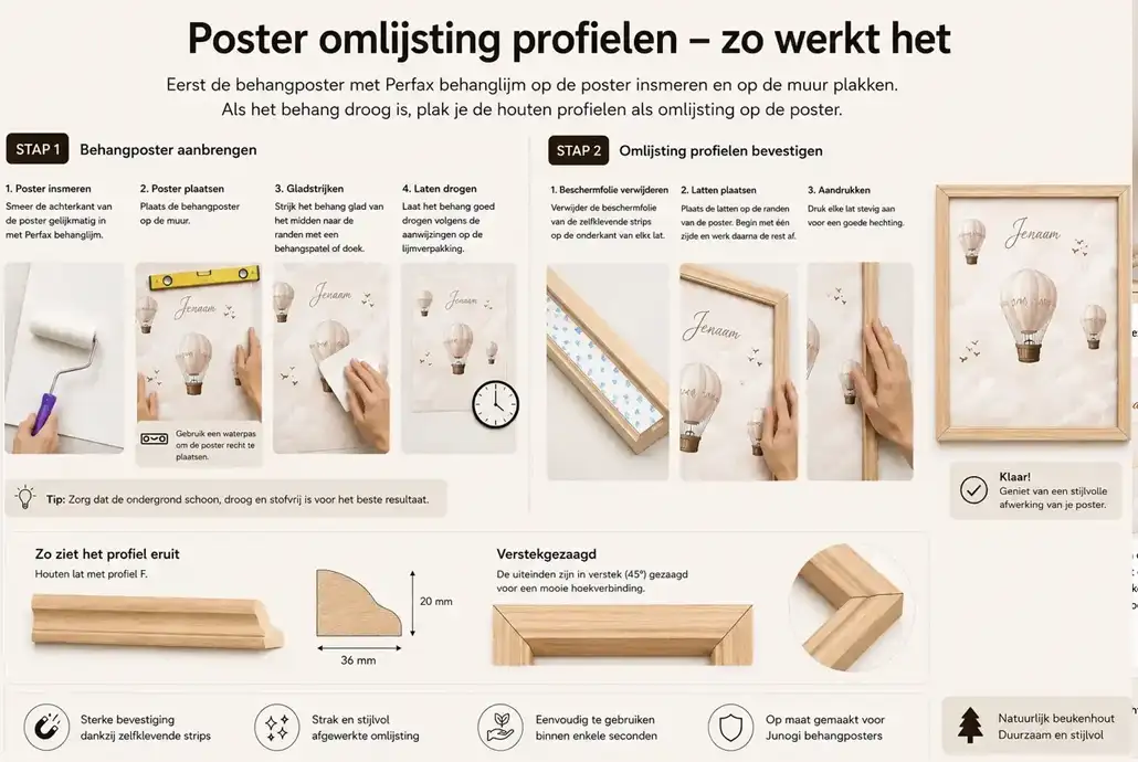 Zo bevestig je de behangposter met lijst: zelfklevende poster op de muur plakken, zelfklevende lijstlatten monteren