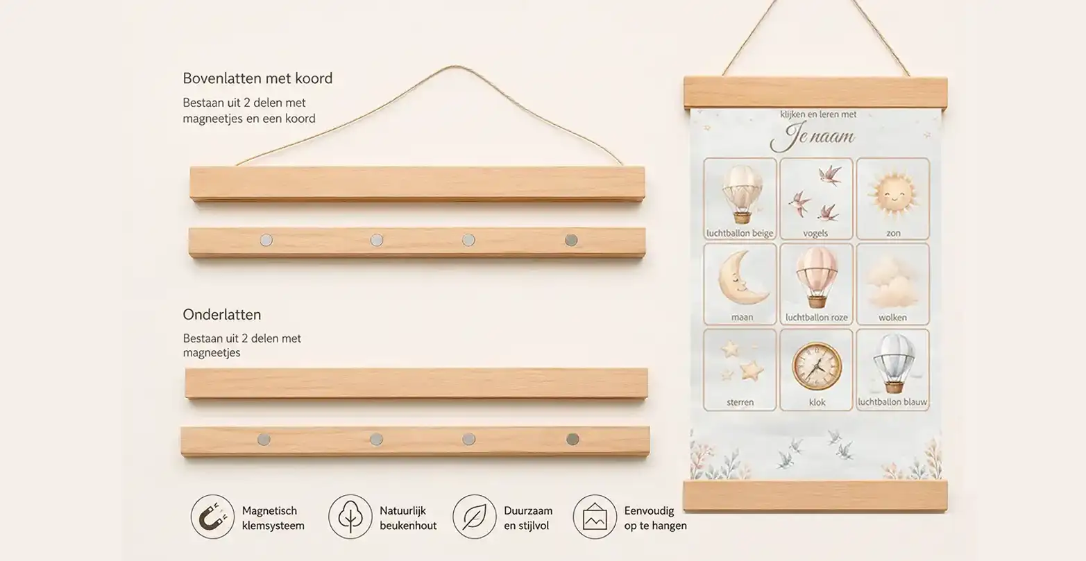 Magnetisch ophangsysteem met beukenhouten latten voor de kijk- en leerposter