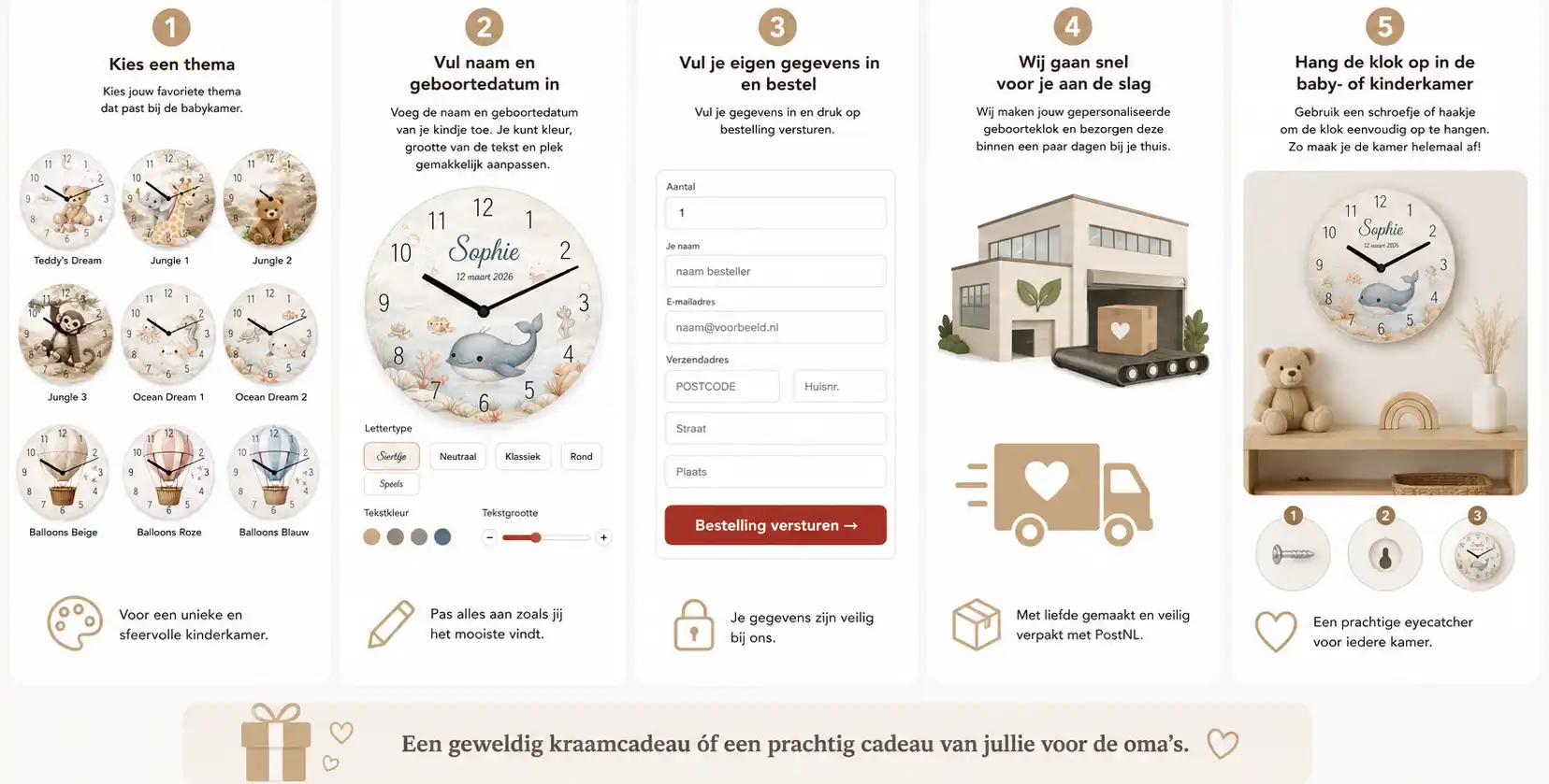 Stappenplan geboorteklok bestellen: thema kiezen, personaliseren, voorbeeld bekijken en bestellen
