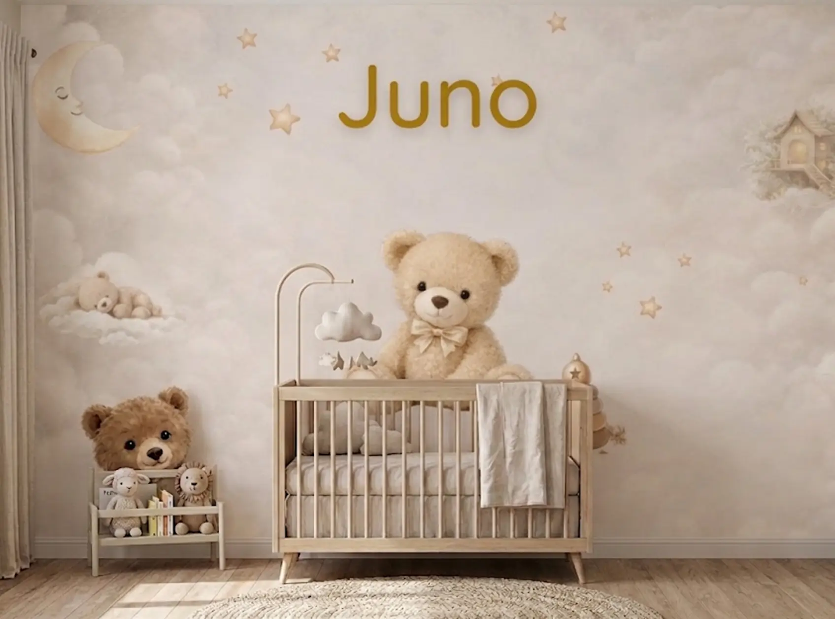 Teddy Dreams behang met naam voor de babykamer